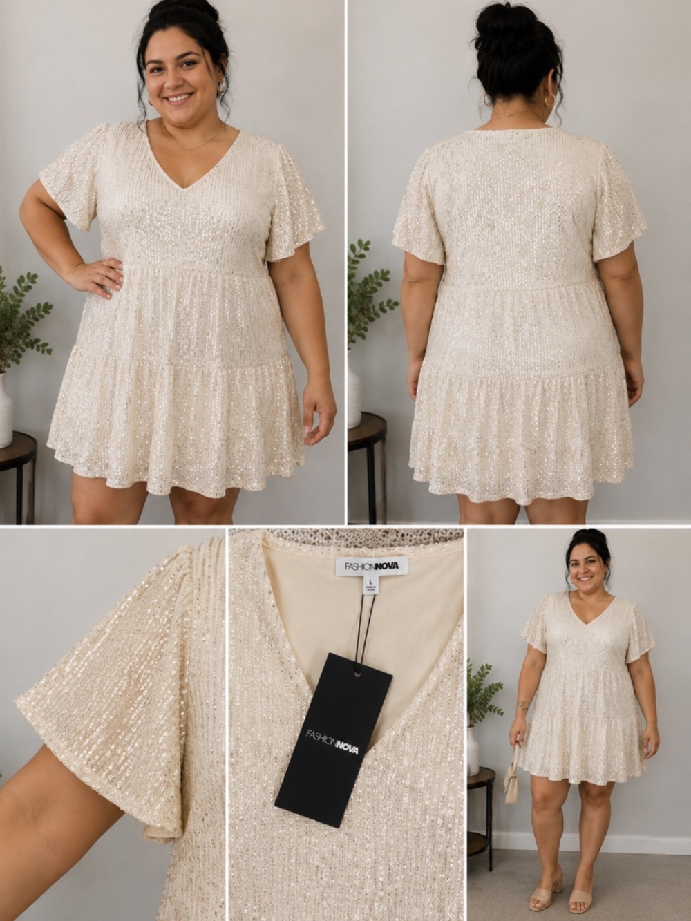 Fashion Nova cream mini dress with silver sequins, size L. Fully lined in cream.